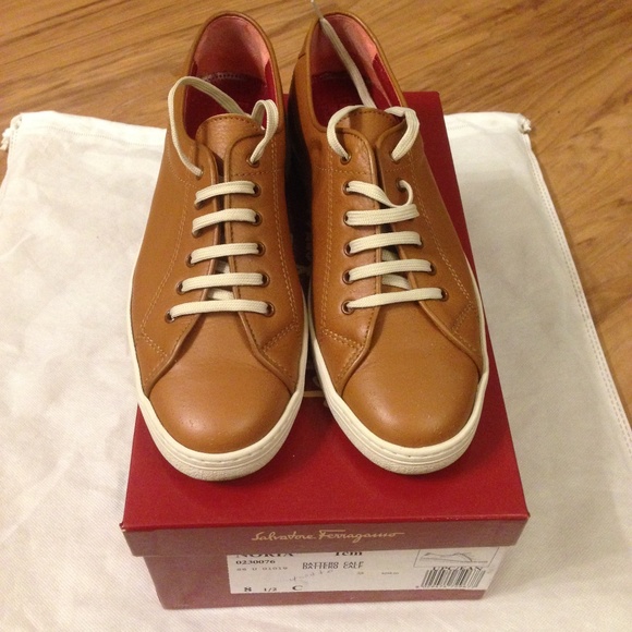 Salvatore Ferragamo Shoes - Salvatore Ferragamo Tan Leather Sneakers 8.5